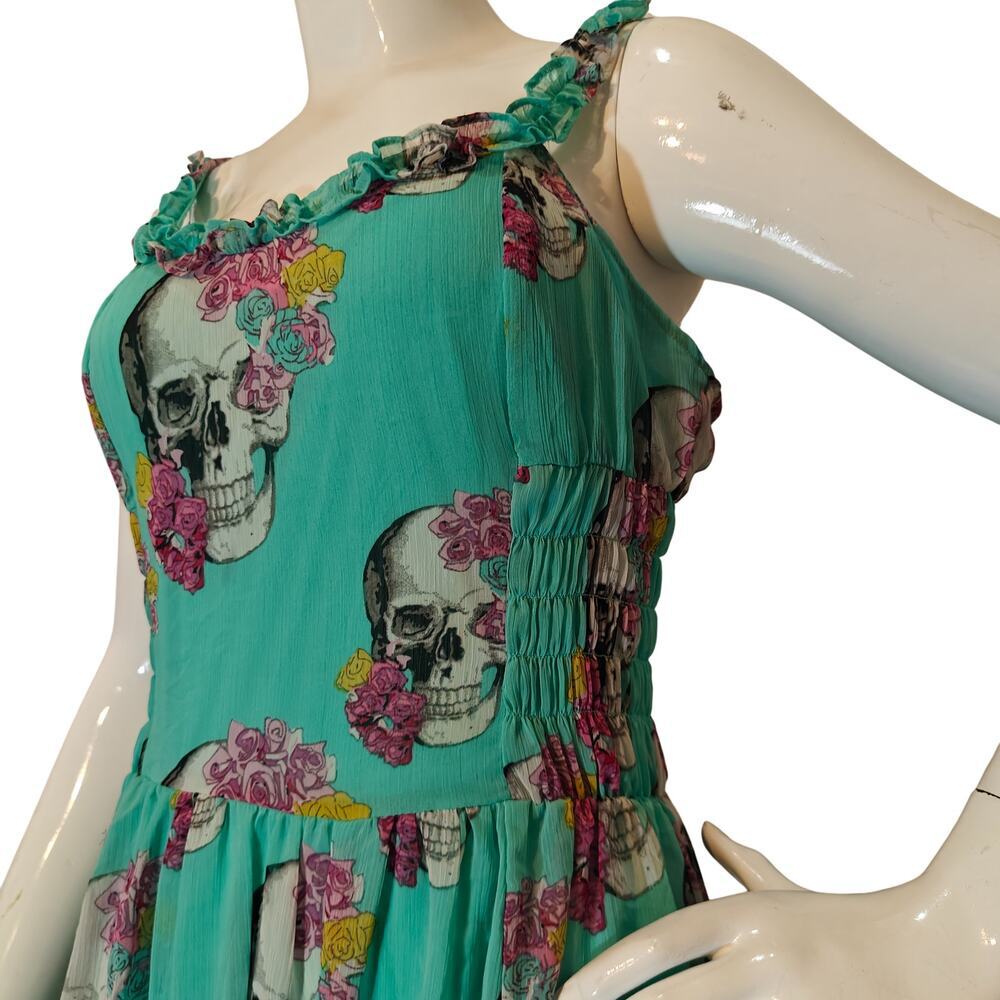 Royal Bones Skull Floral Dress Mint Green Ruffle Hem L - Picture 2 of 5